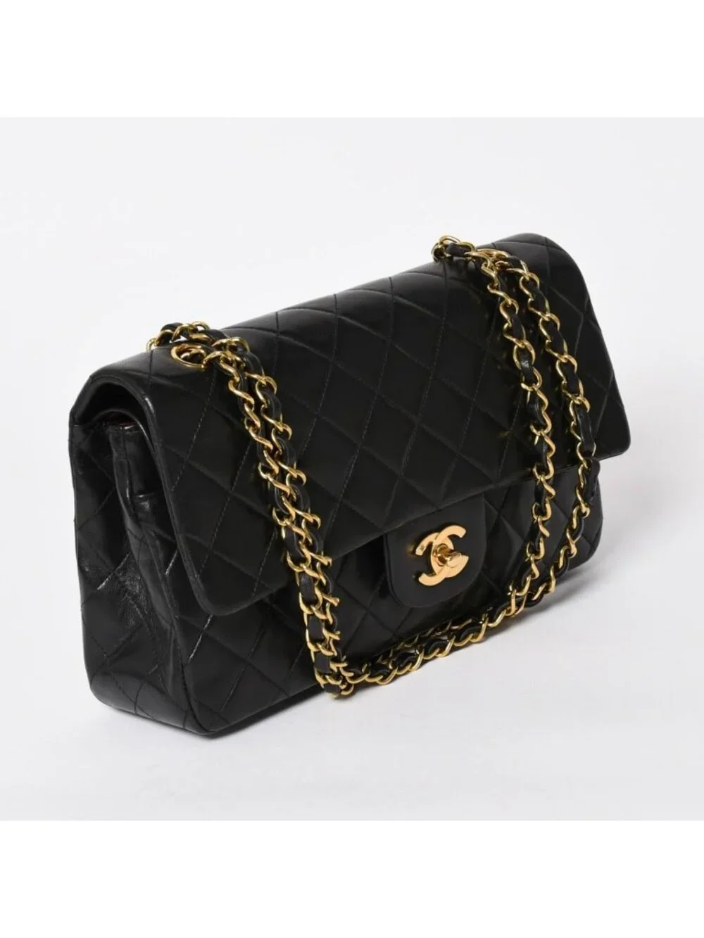 Chanel Quilted 25 Double Flap Chain Shoulder Bag Lambskin CC Logo Black